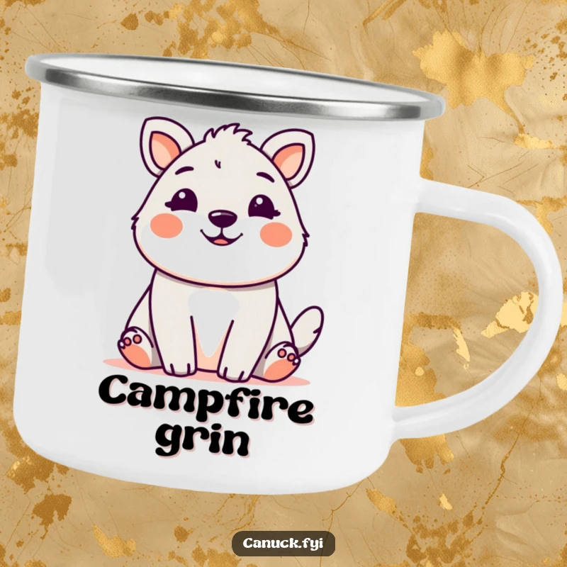 Cute animal with a friendly, welcoming grin, designed for outdoor adventures on a humorous camping mug.