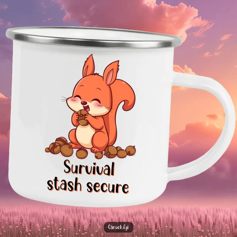 Funny Enamel Camping Mug with a red squirrel stuffing its cheeks with acorns, perfect for outdoor enthusiasts.