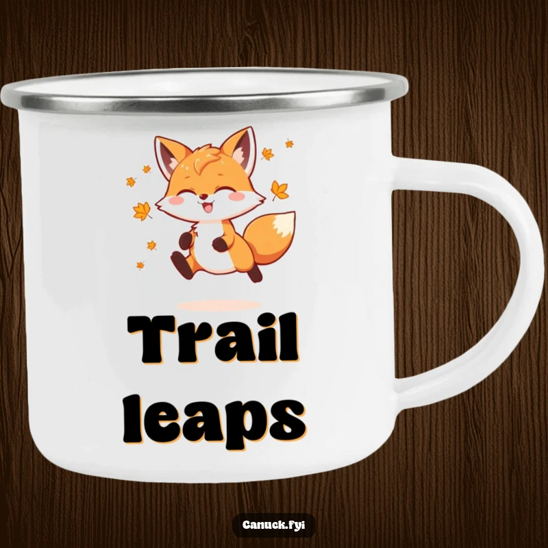 Funny Fox Camping Mug showing a playful fox doing a joyful leap, decorated with tiny maple leaves, perfect for outdoor drinks with charm.