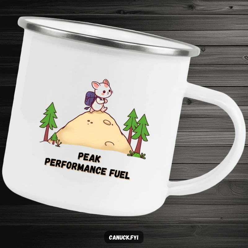 Funny camping mug featuring a creature with a backpack hiking a hill, perfect for outdoor beverages and humor.