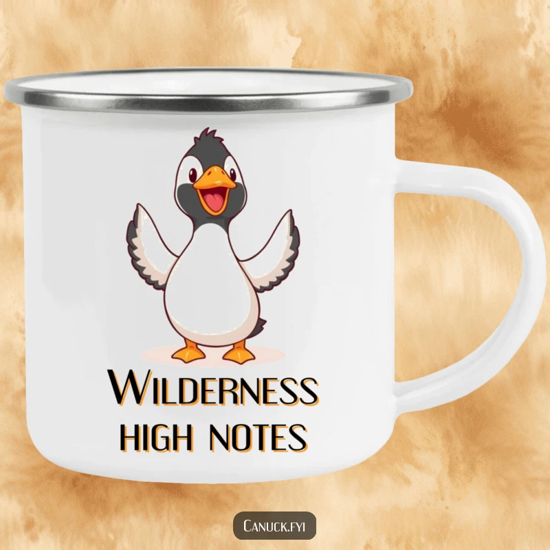 Funny Camping Mug: A loon joyfully calling out, printed on a sturdy mug for humorous outdoor adventures.