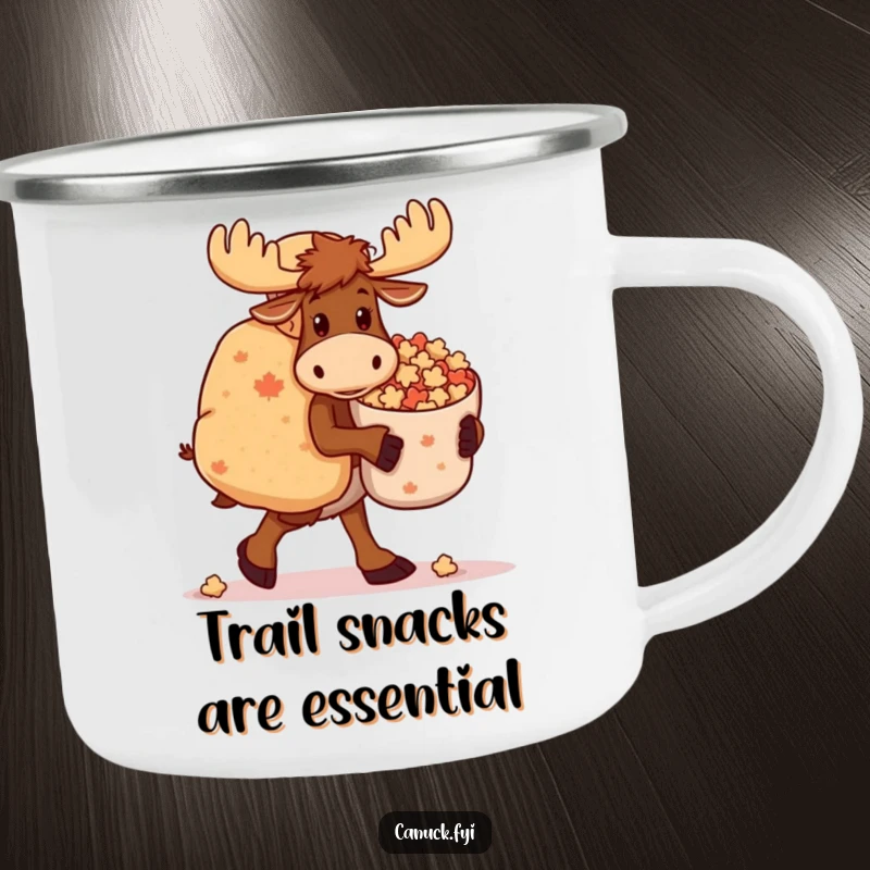 Funny Moose Camping Mug: A clumsy moose carries maple candies outdoors, bringing humor to campfire breaks.