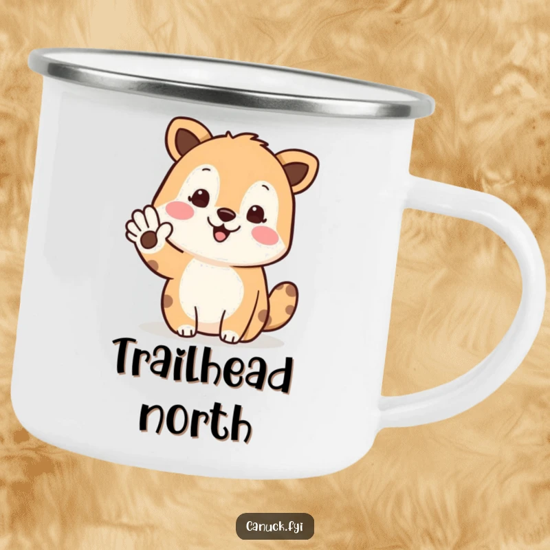Funny camping mug with a waving animal gesturing north, perfect for outdoor drinks and humorous navigation.