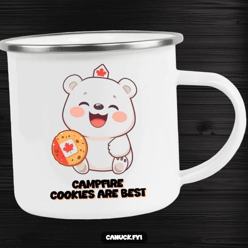 Funny Polar Bear Camping Mug: A laughing polar bear offers a Canadian cookie outdoors, bringing humor to campfire breaks.