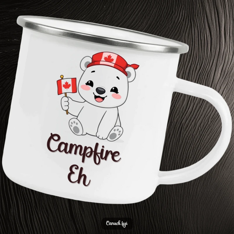 Funny Polar Bear Camping Mug showing a smiling polar bear proudly holding a miniature Canadian flag, perfect for outdoor drinks with patriotic charm.