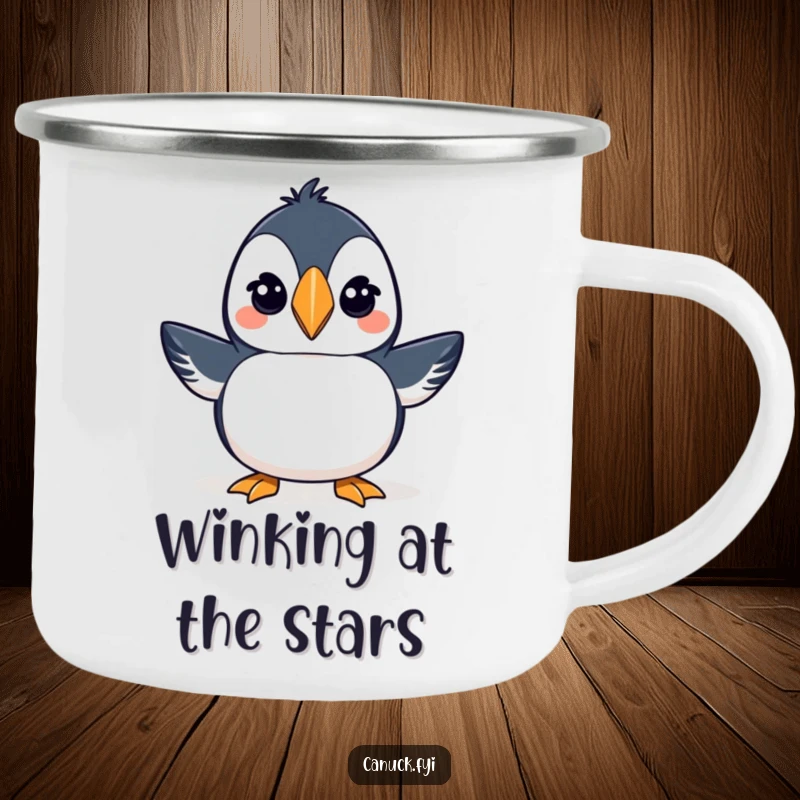 Funny camping mug showing a proud puffin wearing a toque and winking, adding charm to outdoor trips.