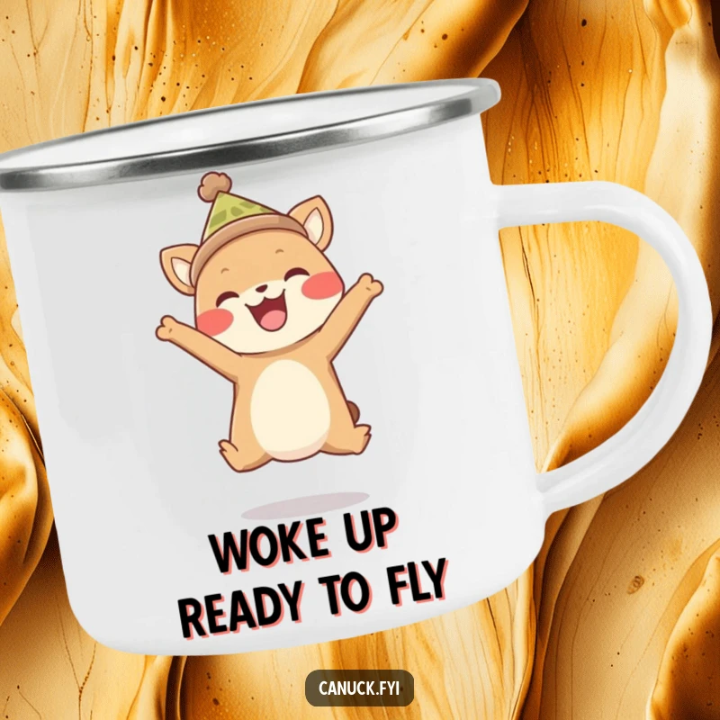 Funny camping mug depicting a happy animal in a toque, performing an energetic, joyful leap. Ideal for outdoor adventures.