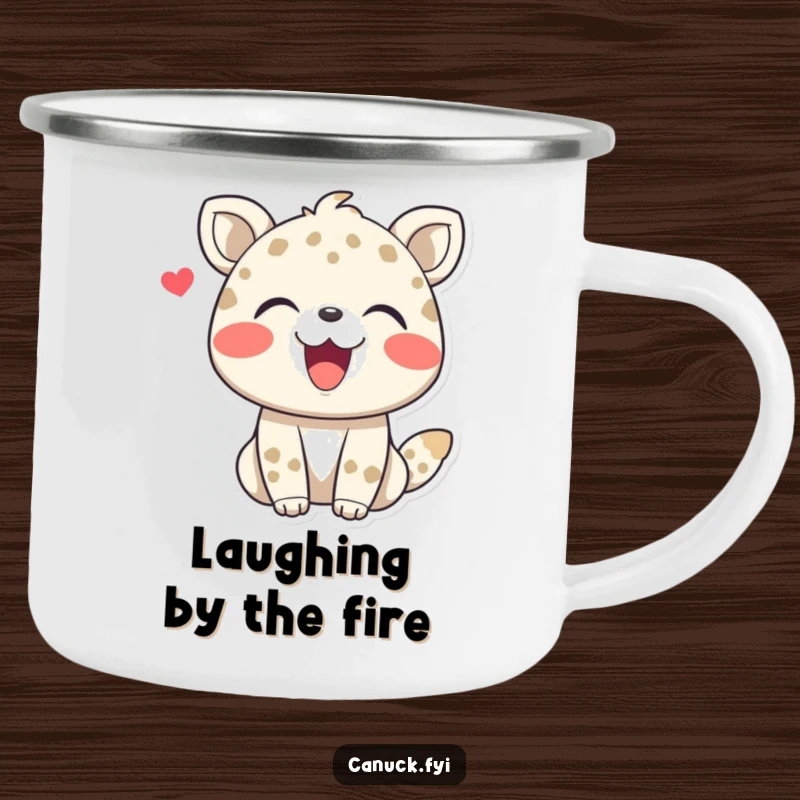 Funny camping mug featuring a joyful animal character laughing, perfect for enjoying drinks outdoors and spreading cheer.