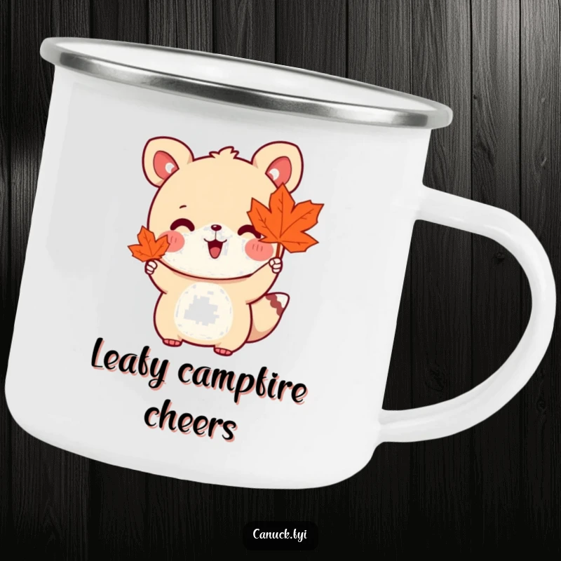 Funny camping mug of a cute animal holding a maple leaf and waving enthusiastically, perfect for outdoor fall fun.