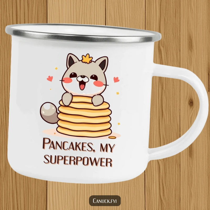 Funny Canadian animal character camping mug, attempting to balance a stack of pancakes, for outdoor enjoyment.