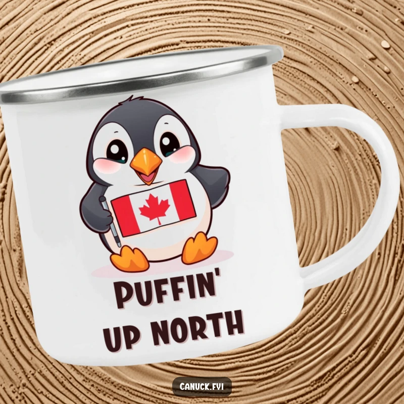 Funny Puffin Camping Mug: A playful puffin with bright eyes holds a miniature Canadian flag during outdoor fun.