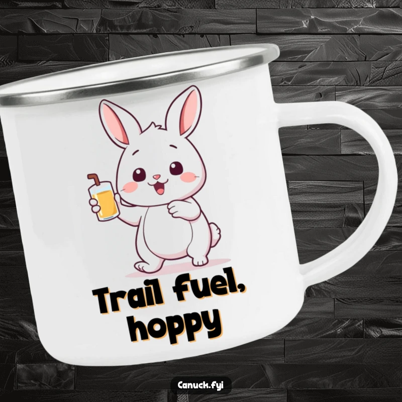 Funny enamel camping mug featuring a bouncing rabbit holding a small pint of liquid, perfect for humorous outdoor refreshment.