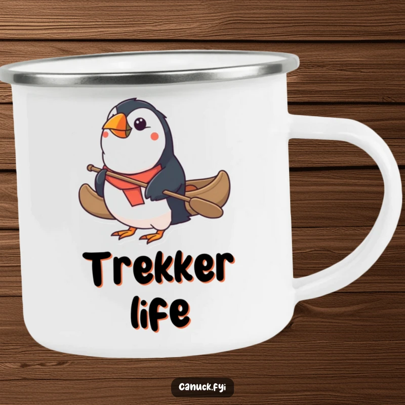 Funny Puffin Camping Mug: A determined puffin paddles a tiny canoe, embodying rugged adventure and humor. A fantastic funny gift for outdoorsy types.