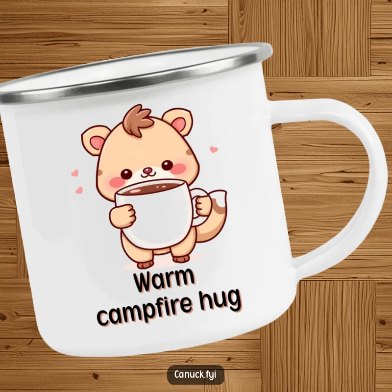 Funny Camping Mug: Cheerful animal character holds a steaming mug of hot chocolate, perfect for enjoying warm drinks outdoors.