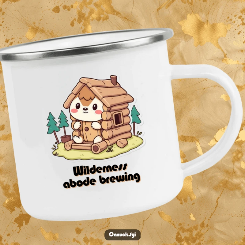 Funny Camping Mug: Stylized animal humorously constructs a miniature log cabin, ready for outdoor adventures and jokes.
