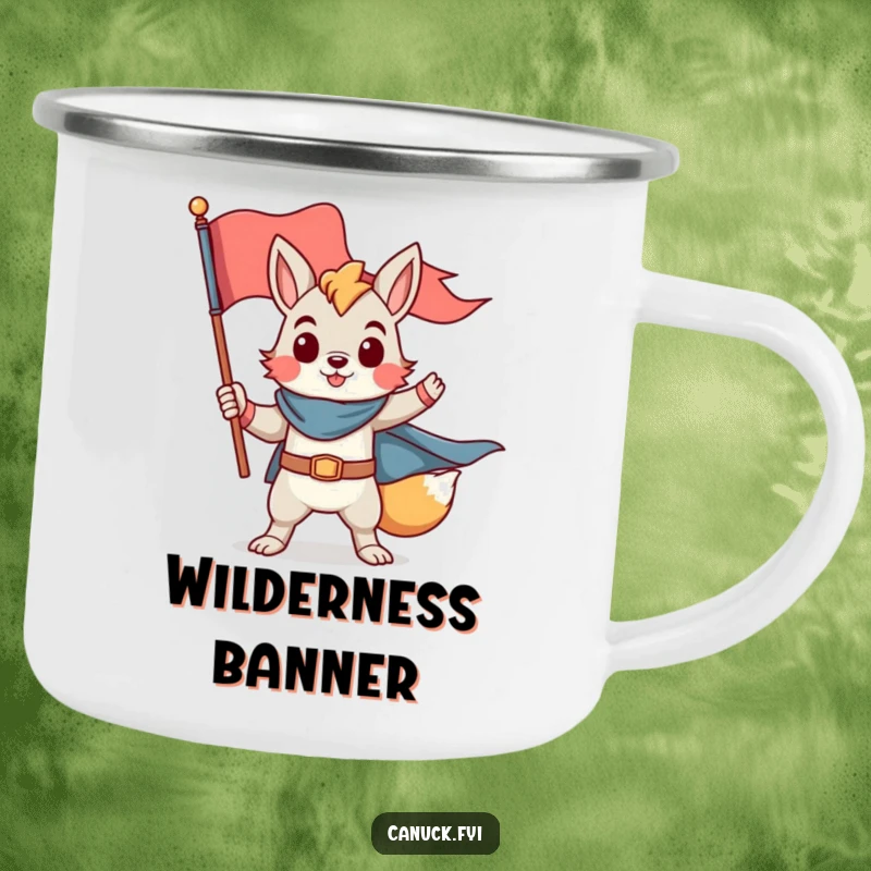 Funny camping mug with a proud animal character in a heroic pose holding a flag, outdoor funny gift.