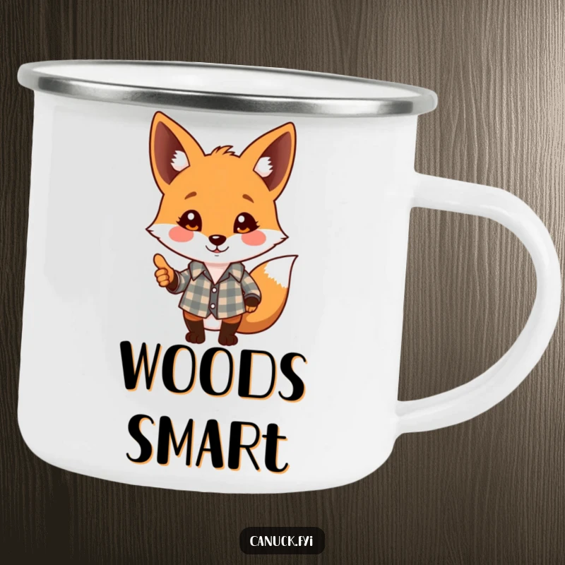 Funny camping mug with a playful fox in a plaid shirt offering a friendly nod, for outdoor fun funny gift.