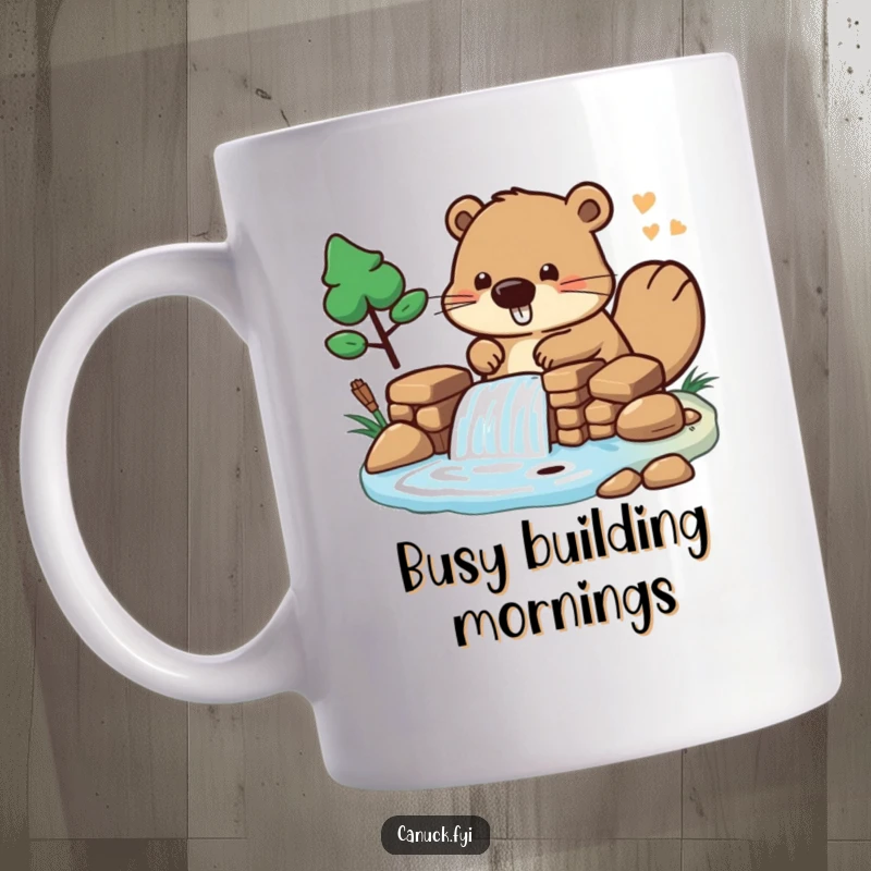 Funny Mug showcasing a stylized beaver character playfully constructing a miniature dam, a humorous ode to busy builders.