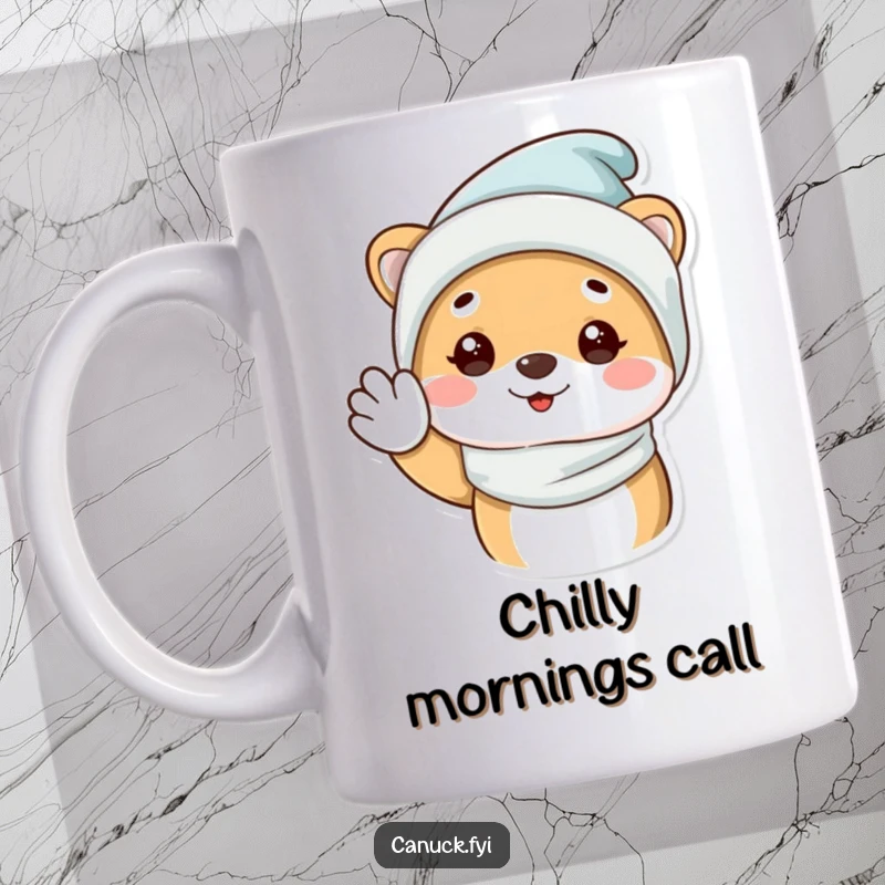Funny Mug featuring an adorable animal character wearing a cozy winter hat, giving a cheerful and happy wave.