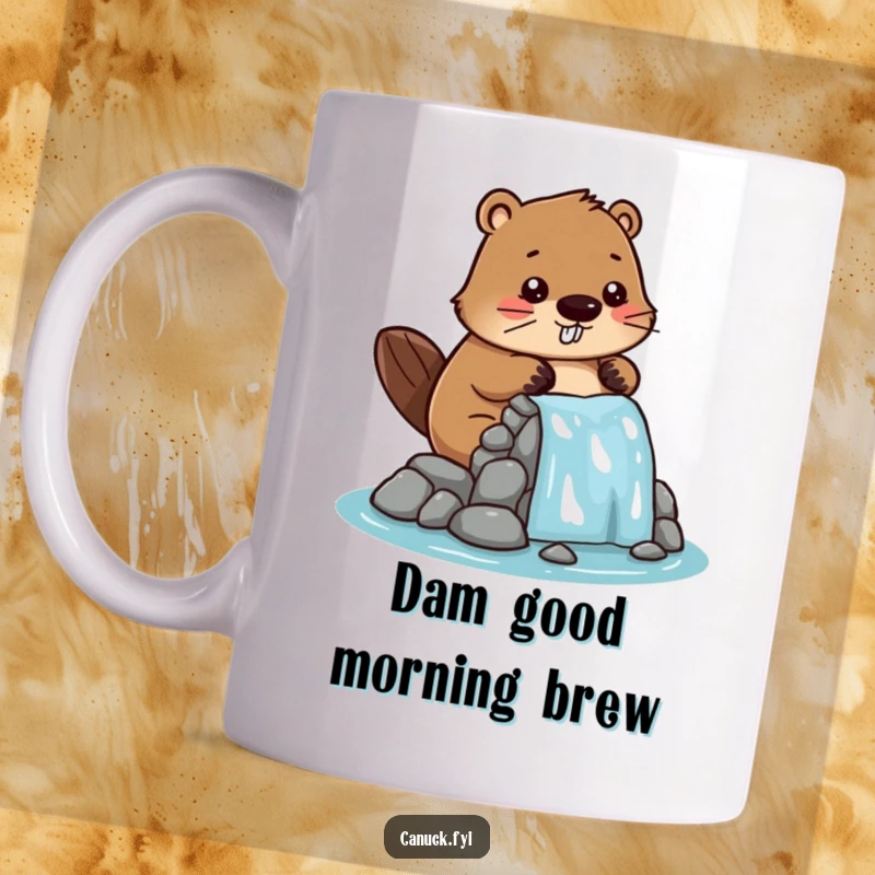 Funny mug depicting a cute, stylized beaver character energetically constructing a miniature dam with wood and determination.