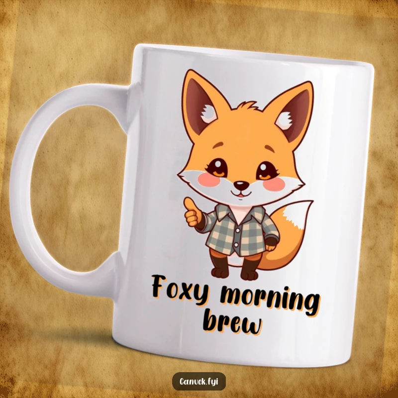 Funny mug with a playful fox wearing a plaid shirt and offering a friendly nod, charming and funny gift.