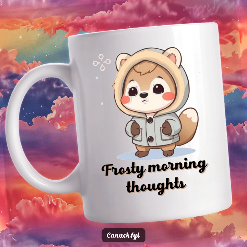 Funny Mug: Curious animal character in a parka intently observes a single snowflake with wonder and fascination.