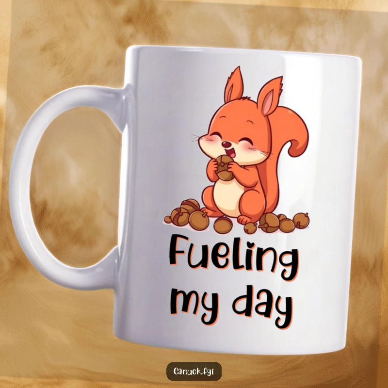 Funny Mug featuring a red squirrel with its cheeks comically stuffed full of acorns, looking excited and busy.
