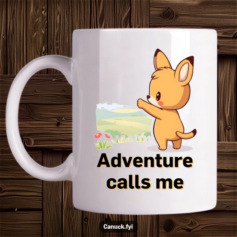 Funny mug depicting a curious animal character pointing towards a beautiful, distant scenic view, symbolizing exploration and wanderlust.