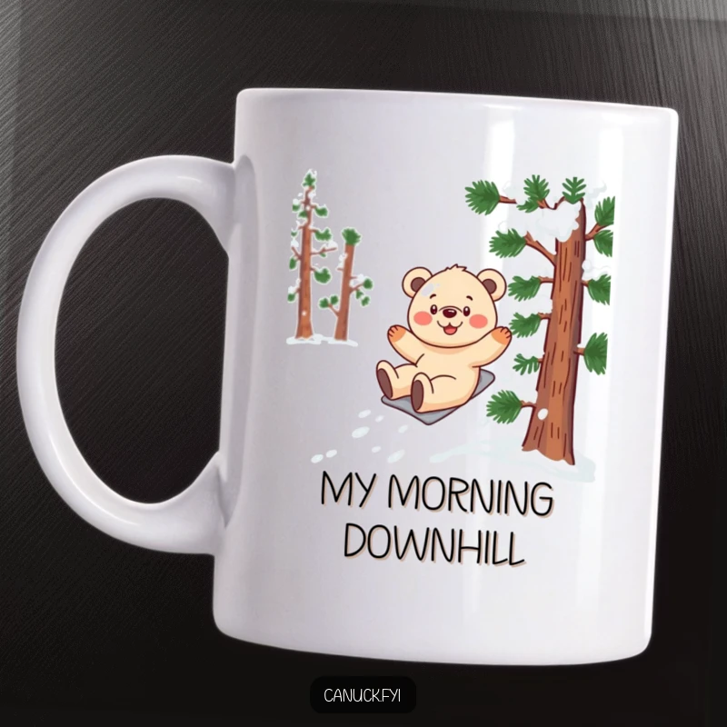 Funny bear cub character mug, a smiling cub gleefully sliding down a snow-covered pine tree.