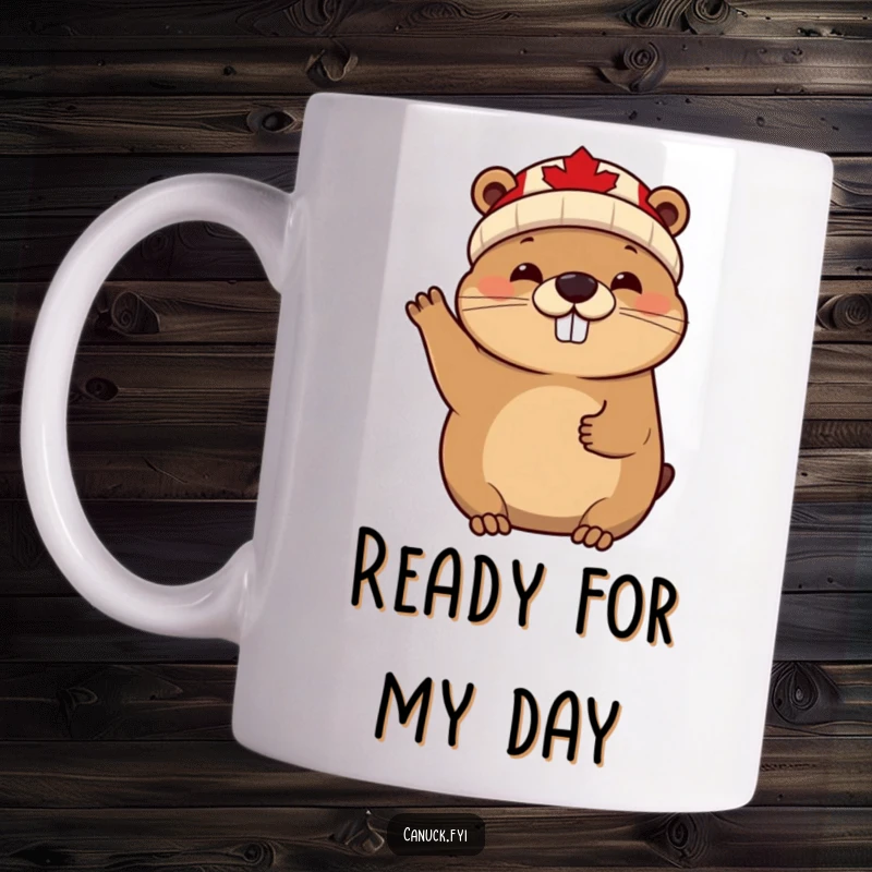 Funny cheerful beaver wearing a maple leaf beanie, waving enthusiastically, a humorous and friendly animal design.