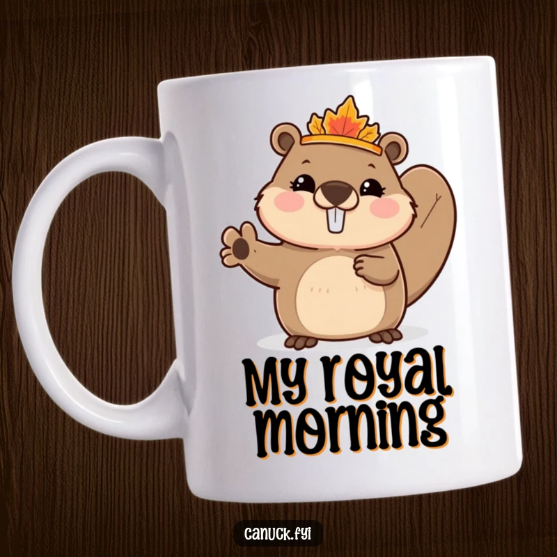 Funny Beaver Mug showing a cute beaver wearing a tiny maple leaf crown, enthusiastically waving hello, representing Canadian charm and woodland royalty.