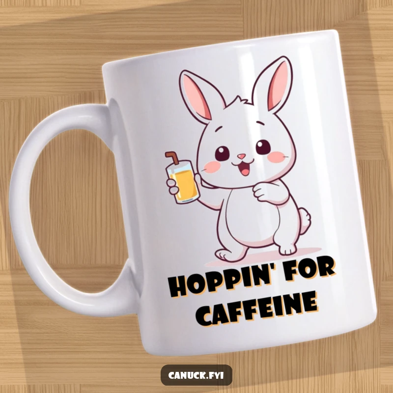 Funny mug showing a bouncing rabbit gleefully holding a small pint of liquid, embodying cheerful thirst and playful energy.