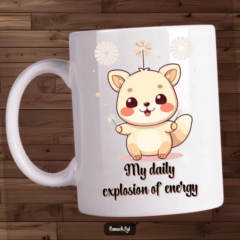 Funny mug depicting a cheerful animal character joyfully celebrating with small, colorful bursts of fireworks. Captures pure excitement.