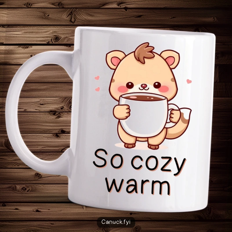Funny Mug: Cheerful animal character happily holds a steaming mug of hot chocolate, radiating warmth and comfort.