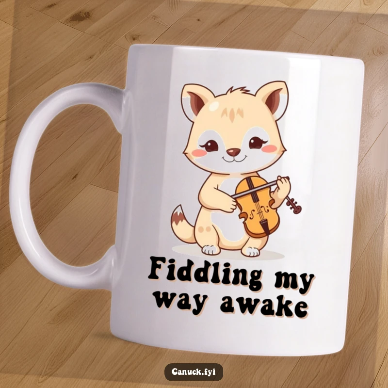 Funny mug featuring a friendly, determined animal musician playing a miniature fiddle with intense concentration.