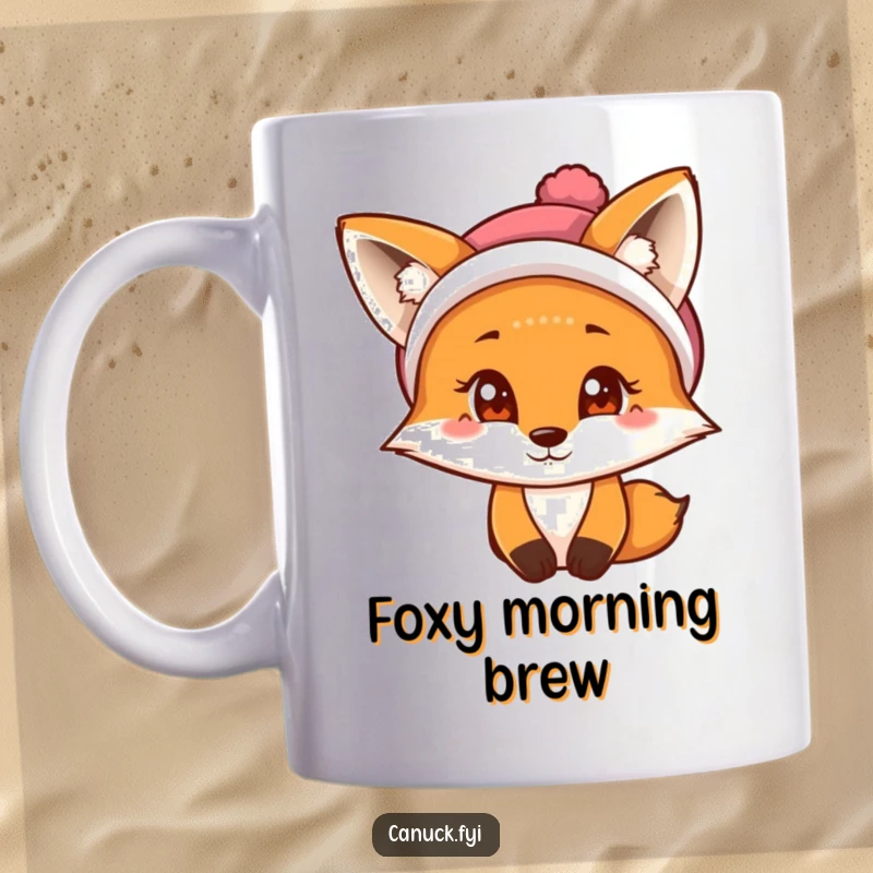 Funny Fox Mug: A curious fox with a mischievous twinkle in its eye wears a warm tuque.