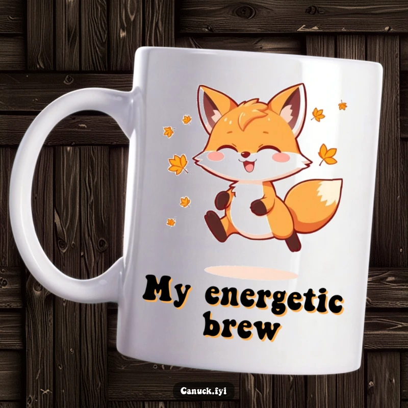 Funny Fox Mug showing a playful fox doing a joyful leap, decorated with tiny maple leaves, capturing wild energy and autumnal delight.