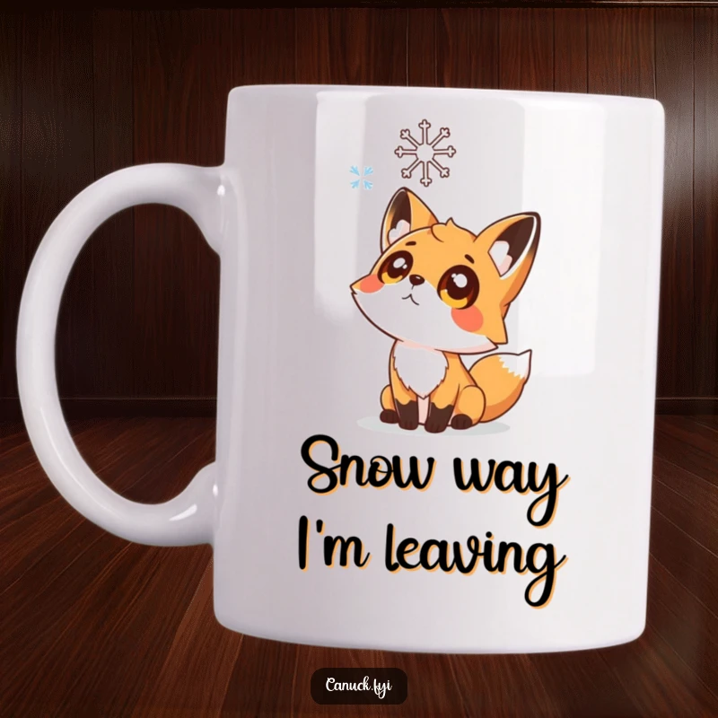 Funny mug with a curious fox staring up with wide eyes at a single, stylized snowflake falling gently from the sky during winter.
