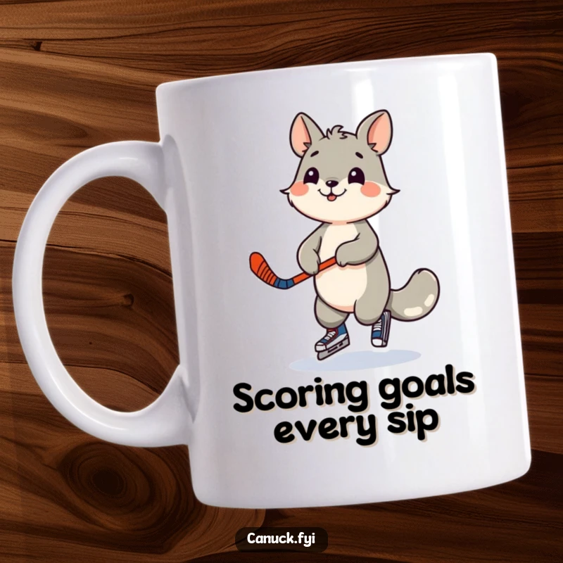 Funny mug showing a playful animal character dancing energetically with a miniature hockey stick. Captures the fun of the sport.