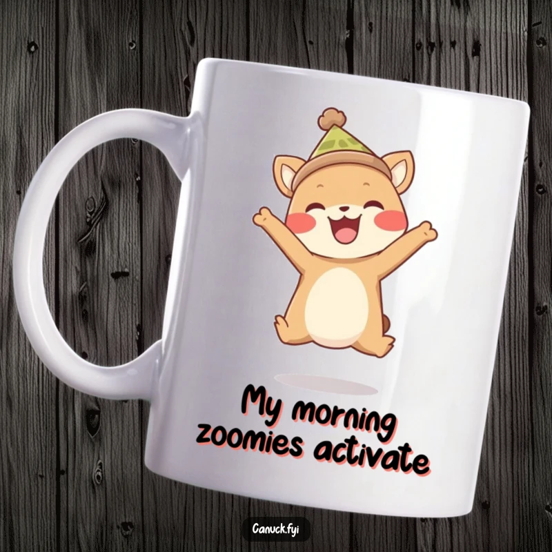 Funny mug featuring a happy animal wearing a tiny toque, captured mid-leap with pure, unadulterated joy and excitement.