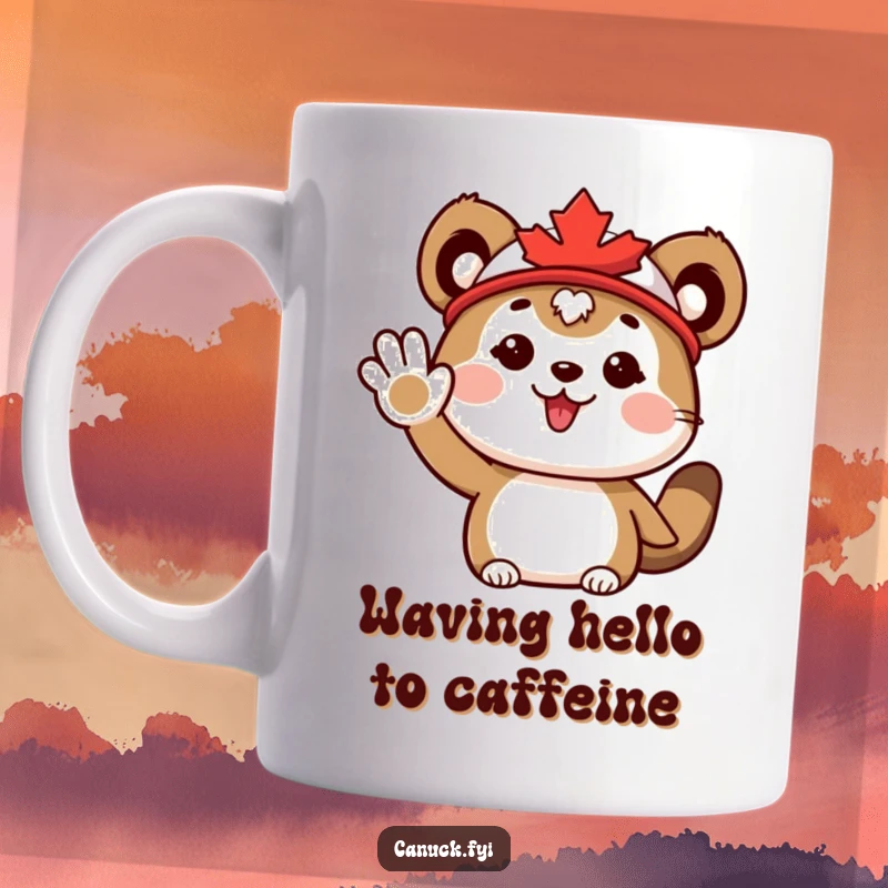 Funny Mug: Cute animal wearing a maple leaf hat, waving enthusiastically with a cheerful and friendly expression.