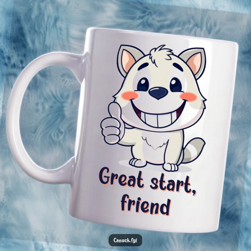 Funny mug with a happy animal mascot giving a wide grin and a thumbs up, positive funny gift.