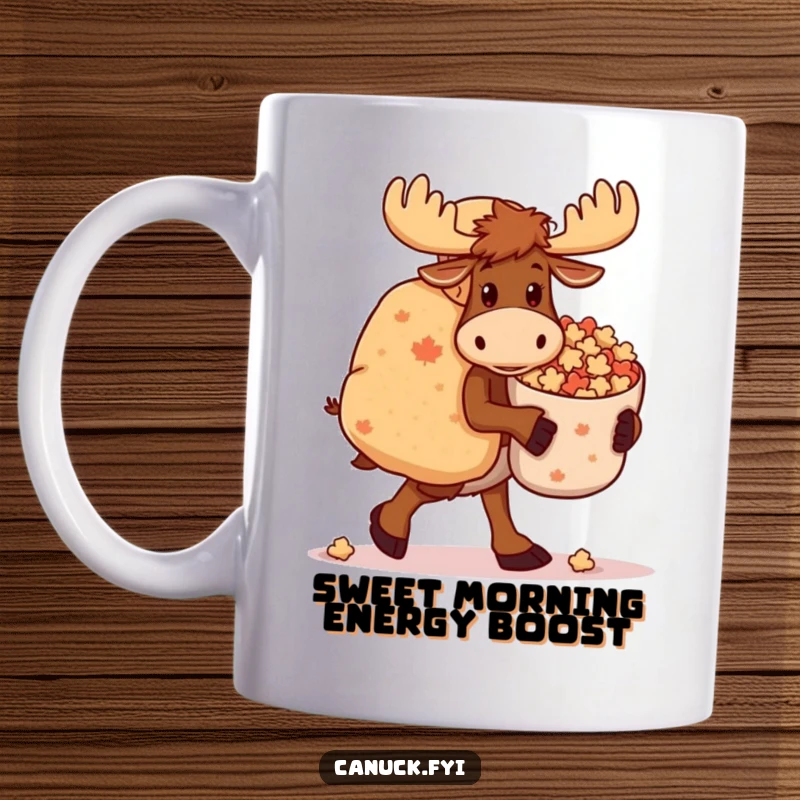 Funny Moose Mug: A clumsy moose with a determined expression carries a huge bag of maple candies, showing its love for sweets.