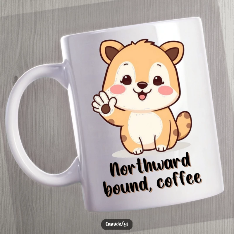 Funny mug with a friendly animal waving and gesturing towards the north direction, exuding warmth and guidance.
