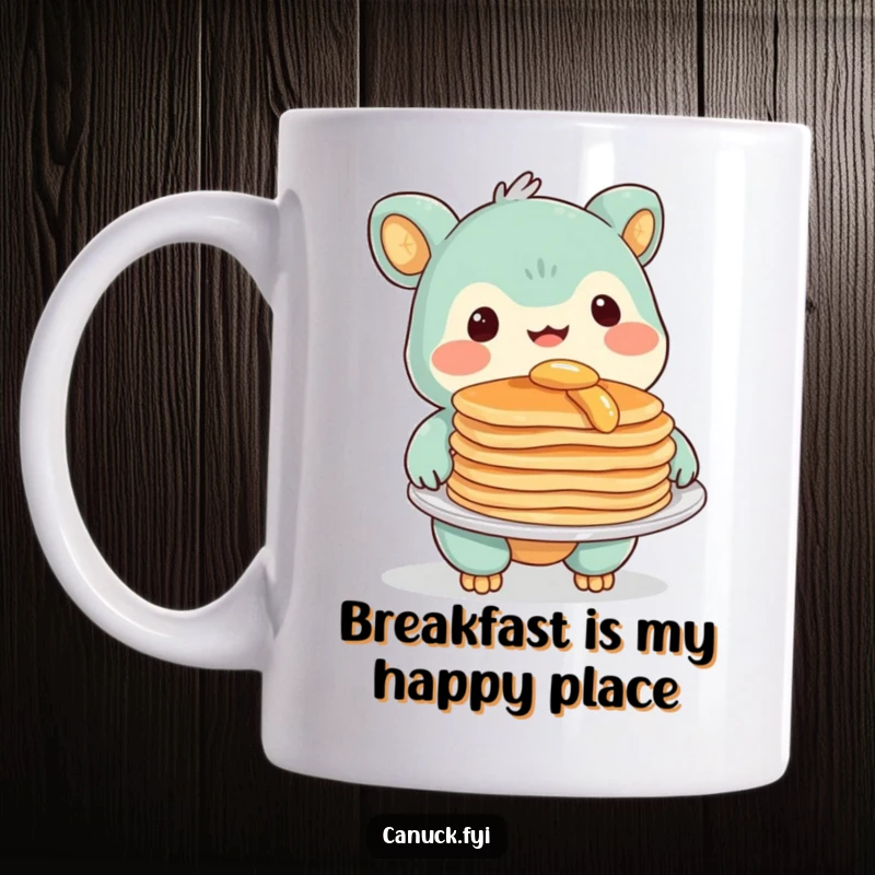 Funny Mug showcasing a creature with a warm smile, happily offering a plate full of fluffy pancakes, a delightful breakfast treat.