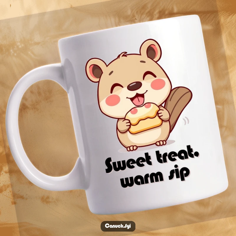 Funny mug with a grinning animal character politely presenting a delicious-looking beaver tail pastry, inviting a tasty moment.