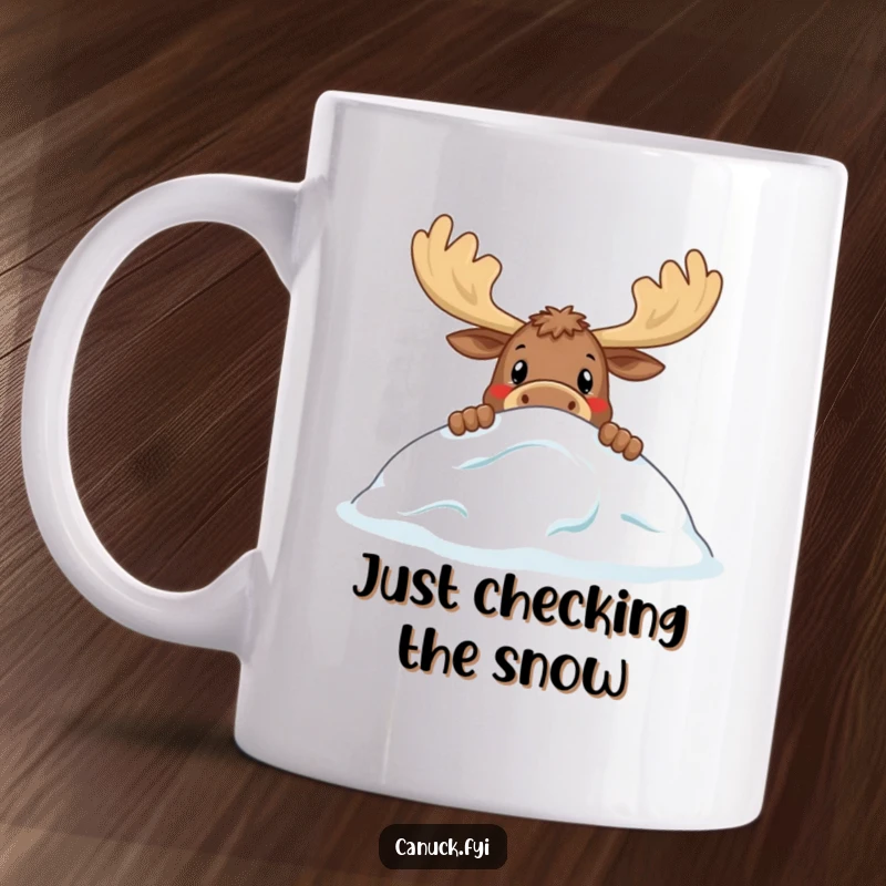 Funny mug featuring a curious moose's head peeking over a stylized snowdrift, capturing a moment of playful winter observation.