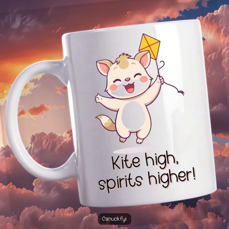 Funny joyful animal mug, bright smile, dancing with a colorful kite, playful creature, humorous design.
