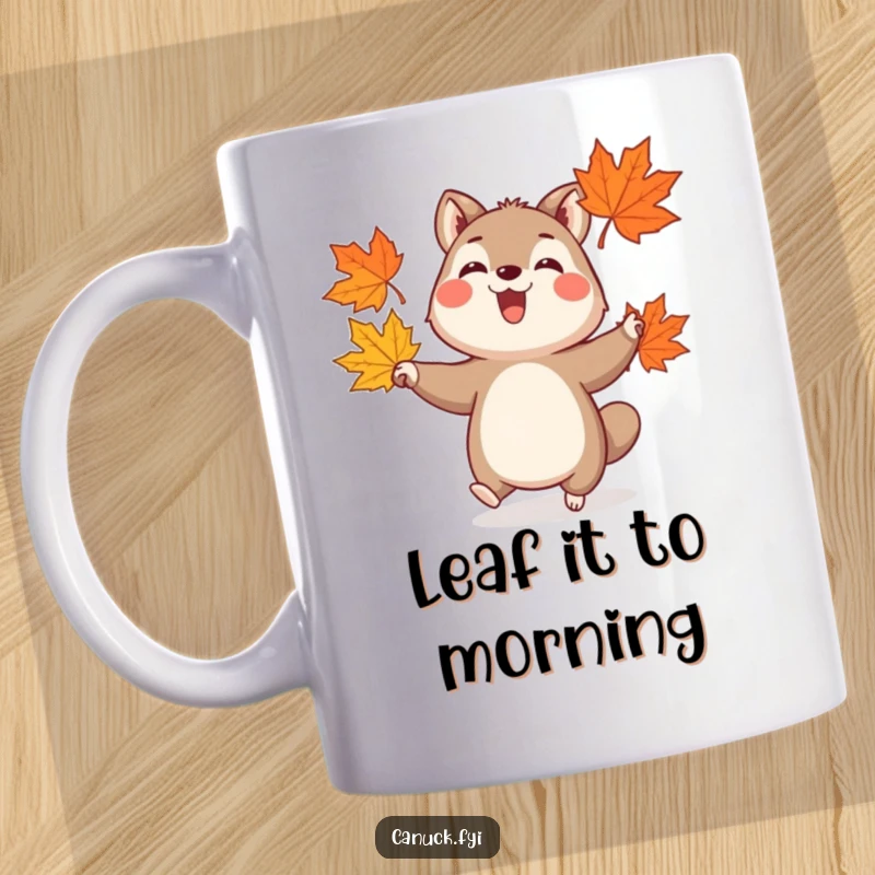 Funny mug showcasing a happy animal with a joyful expression, skillfully juggling three stylized colorful maple leaves.