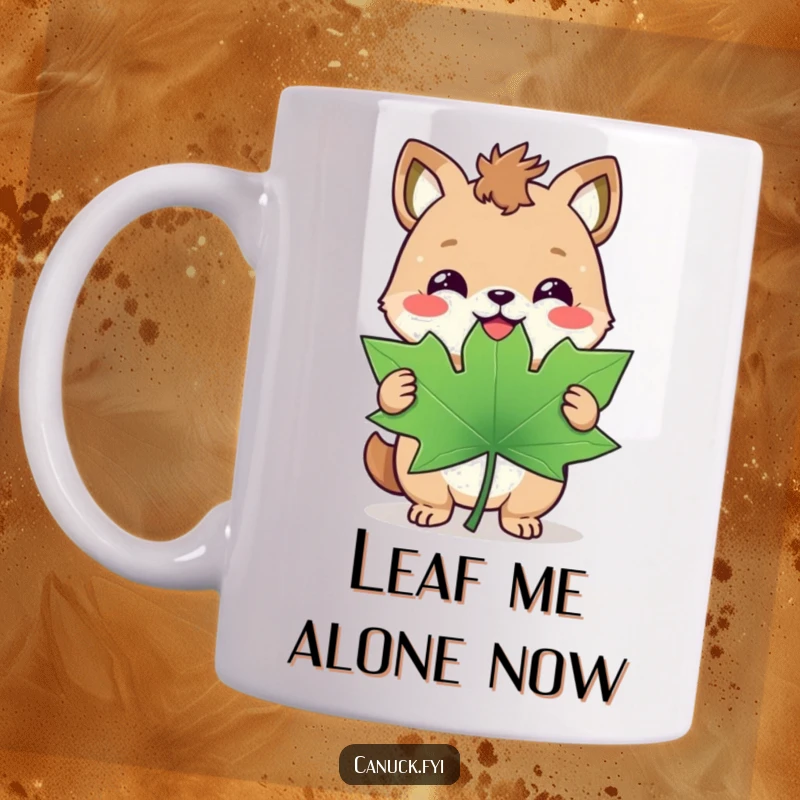 Funny mug featuring a happy animal with a triumphant smirk, proudly holding a giant maple leaf, celebrating Canada.